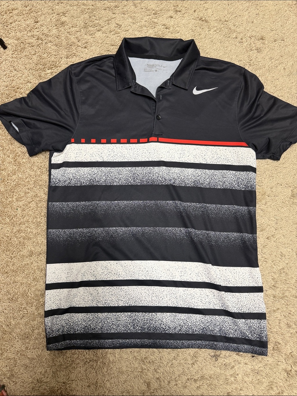Nike Black Polo with White Speckled Stripes and Red Accent